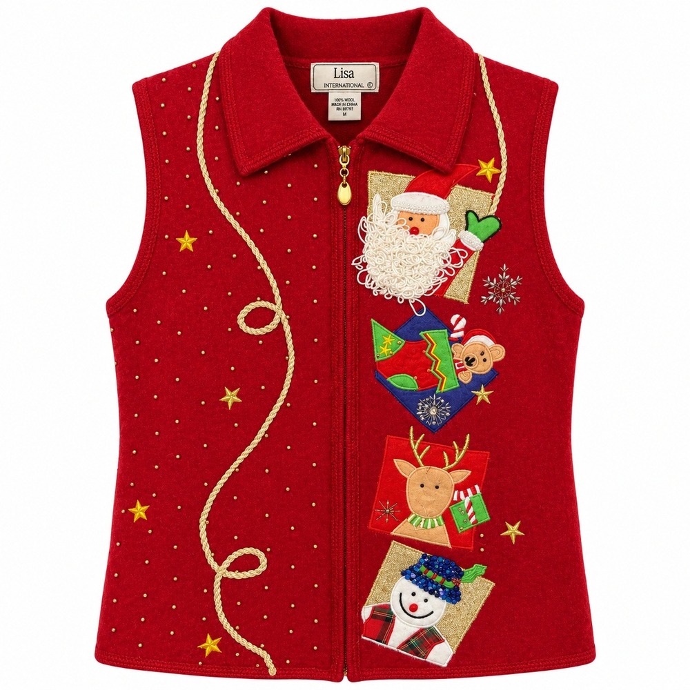 Vintage Lisa International Ugly Christmas Boiled Wool Vest Women Large Kitschy